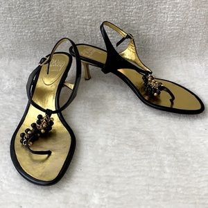 Will’s Fancy black leather gold beaded kitten heel t-strap sandals